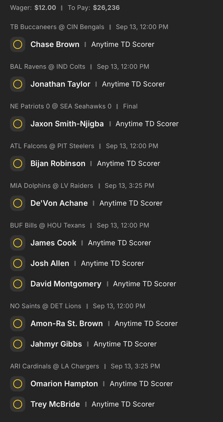 A sportsbook parlay slip: wager $12.00, to pay $26,236, twelve anytime-touchdown-scorer legs — Chase Brown, Jonathan Taylor, Jaxon Smith-Njigba, Bijan Robinson, De'Von Achane, James Cook, Josh Allen, David Montgomery, Amon-Ra St. Brown, Jahmyr Gibbs, Omarion Hampton, Trey McBride.